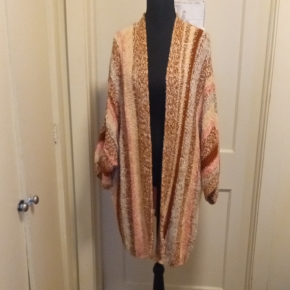 J. Jill Striped Open-Front Cardigan in Pink, Cream & Brown Earth Tones - Picture 2 of 8